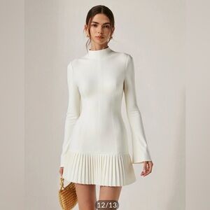 Commense Pleated Hem Mock Neck Mini Dress